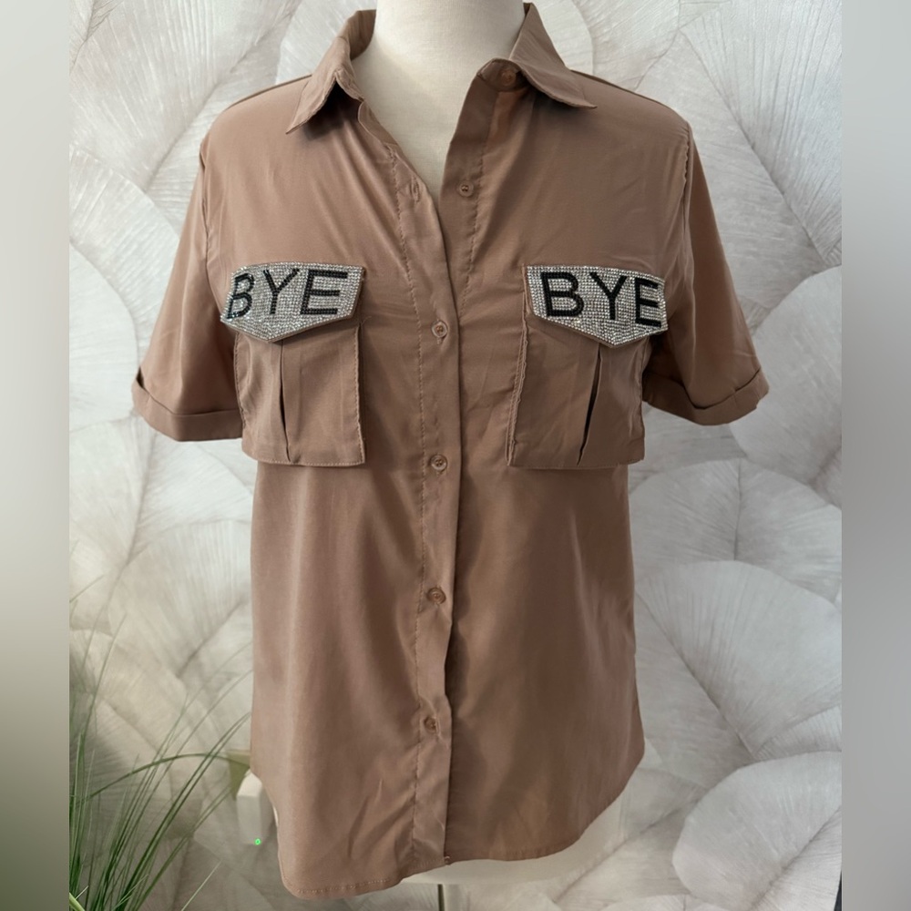 Embellished “BYE BYE” Button-Up Shirt – Size M